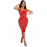 Red Sleeveless Halter V-Neck Diamond Mesh Sexy Mini Dress