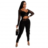 Black Long Sleeve Low-Cut Mesh Sexy 2PCS Women Sexy Jumpsuit