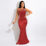 Red Sleeveless Halter Mesh Diamond Side Sexy Evening Long Dress