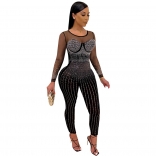 Black Long Sleeve Mesh Diamond Bodycons Sexy Jumpsuit