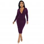 Purple Deep V-Neck Long Sleeve Bodycons Women Midi Dress