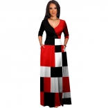 Red V-Neck Short Sleeve Printed Women Fashion Dress