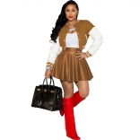 Yellow Long Sleeve Button Leather 2PCS Fashion Skirt Sets