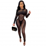 Black Long Sleeve Mesh Women Sexy Sexy Club Jumpsuit