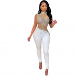 White Sleeveess Mesh Diamond Club Sexy Women Evening Sexy Jumpsuit