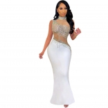 White Sleeveess Mesh Diamond Club Sexy Women Evening Maxi Dress