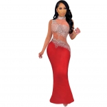 Red Sleeveess Mesh Diamond Club Sexy Women Evening Maxi Dress