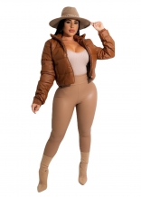 Brown Long Sleeve Zipper Fashion Down Cotton Jacket