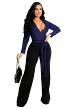 Blue Long Sleeve Low-Cut V-Neck Silk Women Sexy Jumpsuit