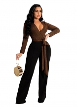 Brown Long Sleeve Low-Cut V-Neck Silk Women Sexy Jumpsuit