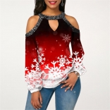 White Snow Long Sleeve Printed Women Christmas Fashion T-Skirt(Plus Size)