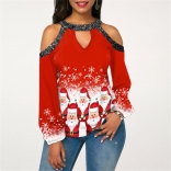 Red Man Long Sleeve Printed Women Christmas Fashion T-Skirt(Plus Size)