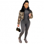 Khaki Long Sleeve Zipper Printed Ladies Fashion Coat