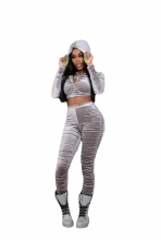 Grey Long Sleeve Zipper Velvet Pleated Women Jumpsuit with Hat