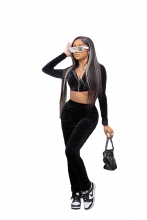 Black Long Sleeve Zipper Velvet Pleated Women Jumpsuit with Hat