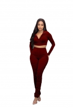 Red Long Sleeve Zipper Velvet Pleated Women Jumpsuit with Hat