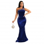 Blue Sleeveless Halter Mesh Rhinestone Sexy Women Evening Long Dress