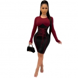 Red Long Sleeve O-Neck Lace-up Bandage Women Mini Dress