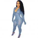 LightBlue Long Sleeve Zipper Hollow-out Sexy Ladies Jumpsuit