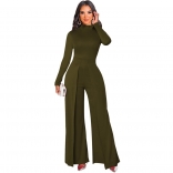 Green Long Sleeve O-Neck Bodycons Slit Women Fashion Jumpsuit
