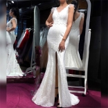 White Sleeveless Halter Lace Slit Women Evening Long Dress