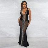 Black Sleeveless V-Neck Mesh Rhinestones Women Maxi Dress