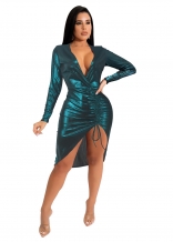 Green Long Sleeve Deep V-Neck Gilding Sexy Bandage Clubwear