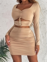 Khaki Long Sleeve Hollow-out Bodycons Sexy Mini Dress