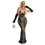 Black Halter Low-Cut Deep V-Neck Mesh Rhinestone Sexy Evening Long Dress