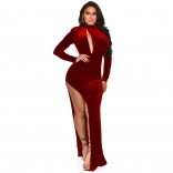 Red Long Sleeve Deep V-Neck Hollow-out Velvet Women Evening Long Dress