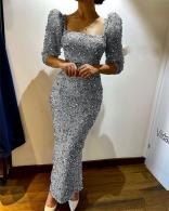 Silver Seven Sleeve Boat-Neck Sequin Women Fashion Dress