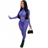 Blue Long Sleeveless Mesh Sexy Women Bodycons Jumpsuit