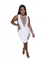 White Sleeveless Deep V-Neck Rhinestone Mesh Club Mini Dress