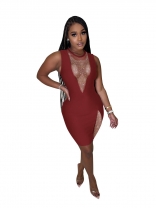 Red Sleeveless Deep V-Neck Rhinestone Mesh Club Mini Dress