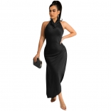 Black Sleeveless Halter Sexy Women Maxi Club Dress