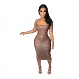 Khaki Sleeveless Halter Low-Cut Sequins Bodycon Mini Dress