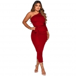 Red Long Sleeve Boat-Neck Fashion Sexy Women Midi Dress