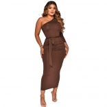 Coffee Long Sleeve Boat-Neck Fashion Sexy Women Midi Dress