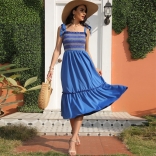 Blue Halter Sleeveless Printed Pleated Sexy Jersey Dress