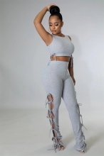 Grey Sleeveless O-Neck Bandage Sexy Women Jumpsuit