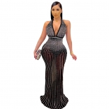 Black Sleeveless Halter Deep V-Neck Mesh Rhinestone Maxi Dress