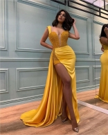 Yellow Sleeveless Deep V-Neck Maxi Evening Dress