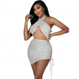 White Sleeveless Bandage Sexy Sequin Mini Dress