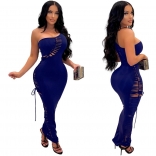 Blue Sleeveless One Shoulder Halter Hollow-out Bandage Women Jumpsuit