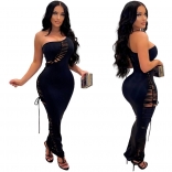 Black Sleeveless One Shoulder Halter Hollow-out Bandage Women Jumpsuit