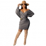 Grey Long Sleeve Low-Cut V-Neck Cotton Fashion Sexy OL Dress