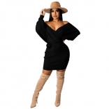 Black Long Sleeve Low-Cut V-Neck Cotton Fashion Sexy OL Dress