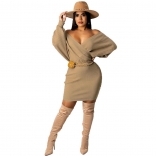 Khaki Long Sleeve Low-Cut V-Neck Cotton Fashion Sexy OL Dress