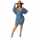 LightBlue Long Sleeve Low-Cut V-Neck Cotton Fashion Sexy OL Dress