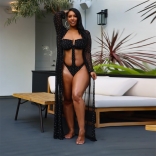 Black Long Sleeve Mesh 2PCS Rhinestone Sexy Swimwear